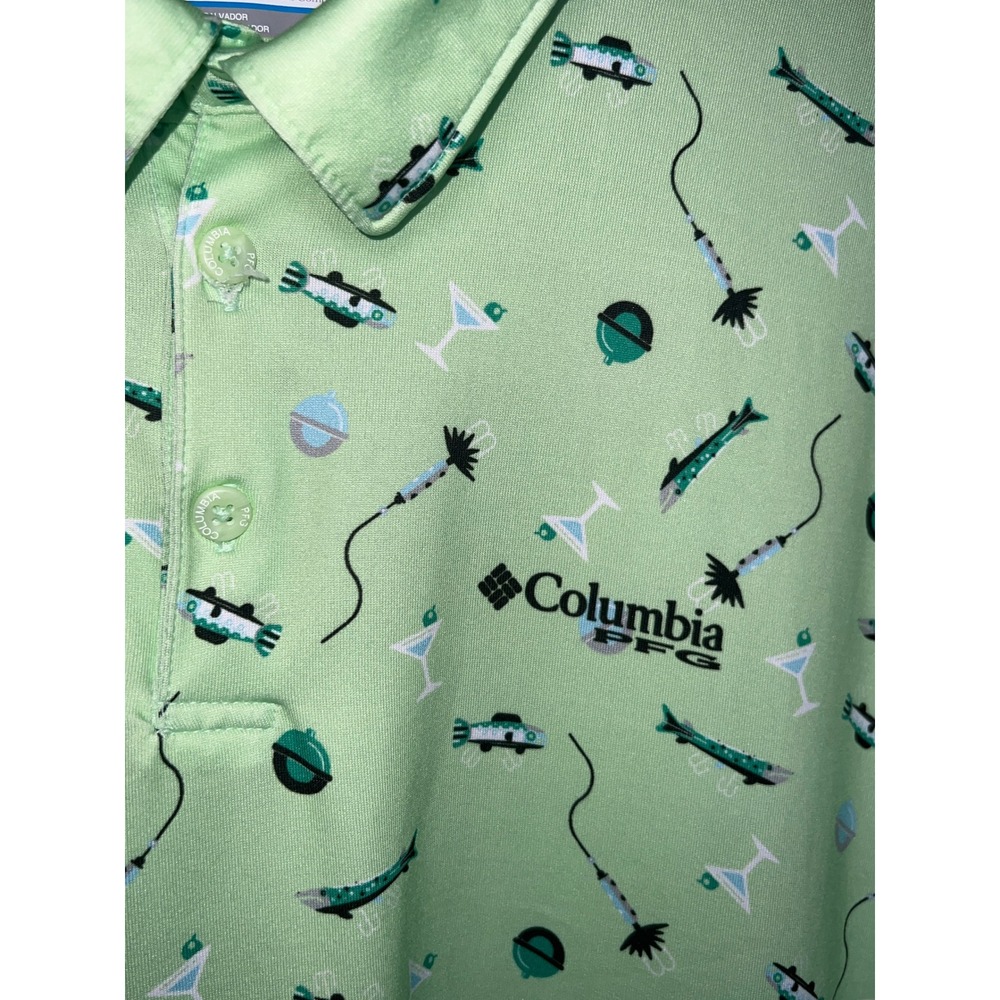 Columbia PFG Golf Polo Mens XL Green AOP Fish Lure Martini Glass Moisture wick